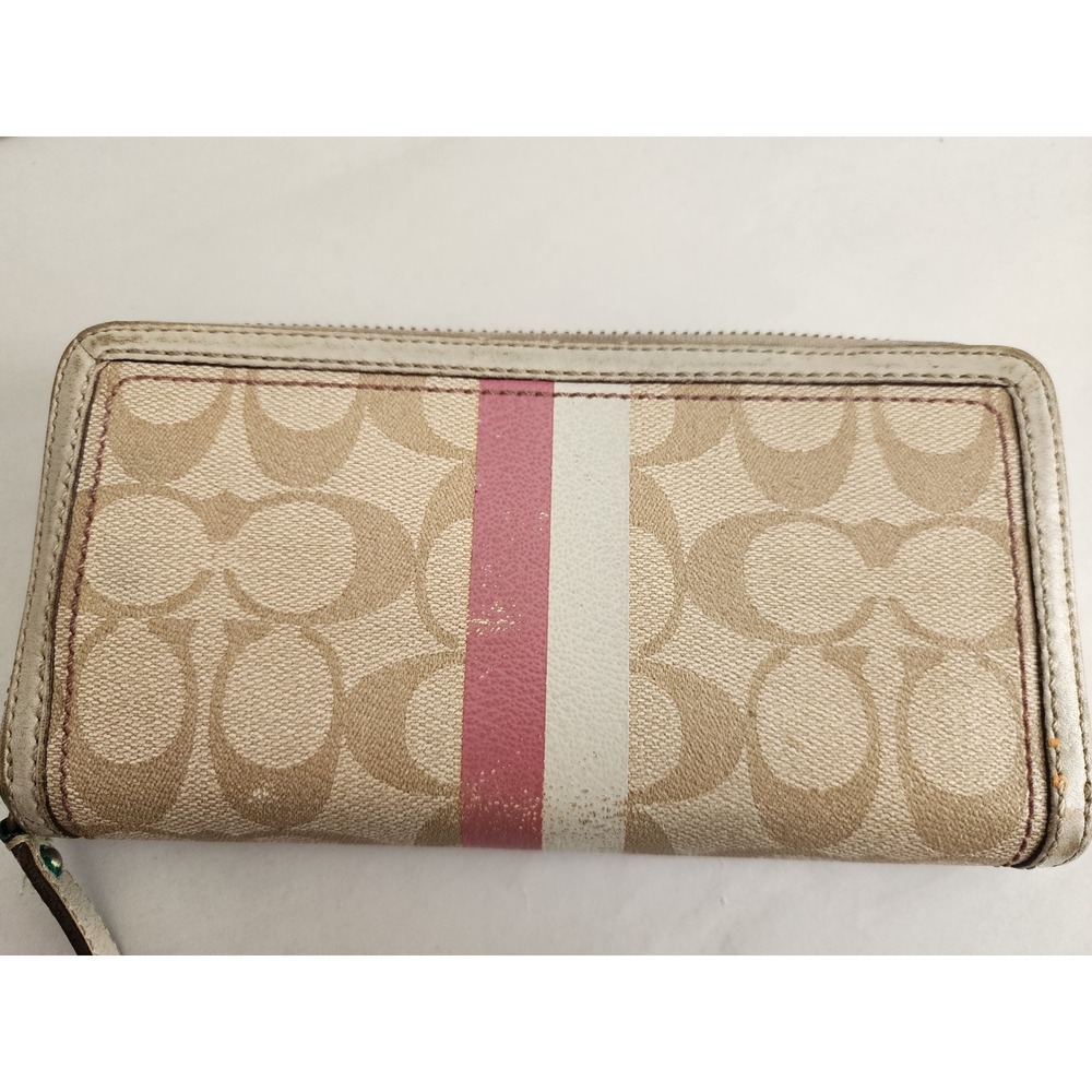 Coach Signature Monogram Accordion Zip Wallet Pink White Stripe Tan Long Wallet